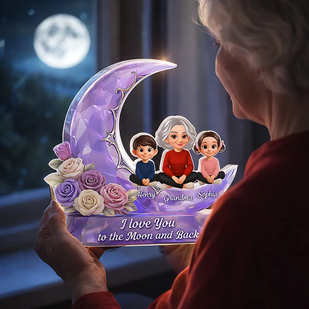 Personalized Shaped Acrylic Block Plaque with Grandma and Grandkids on a Purple Moon, Unique Gift for Grandma, I Love You to the Moon and Back - Image 6