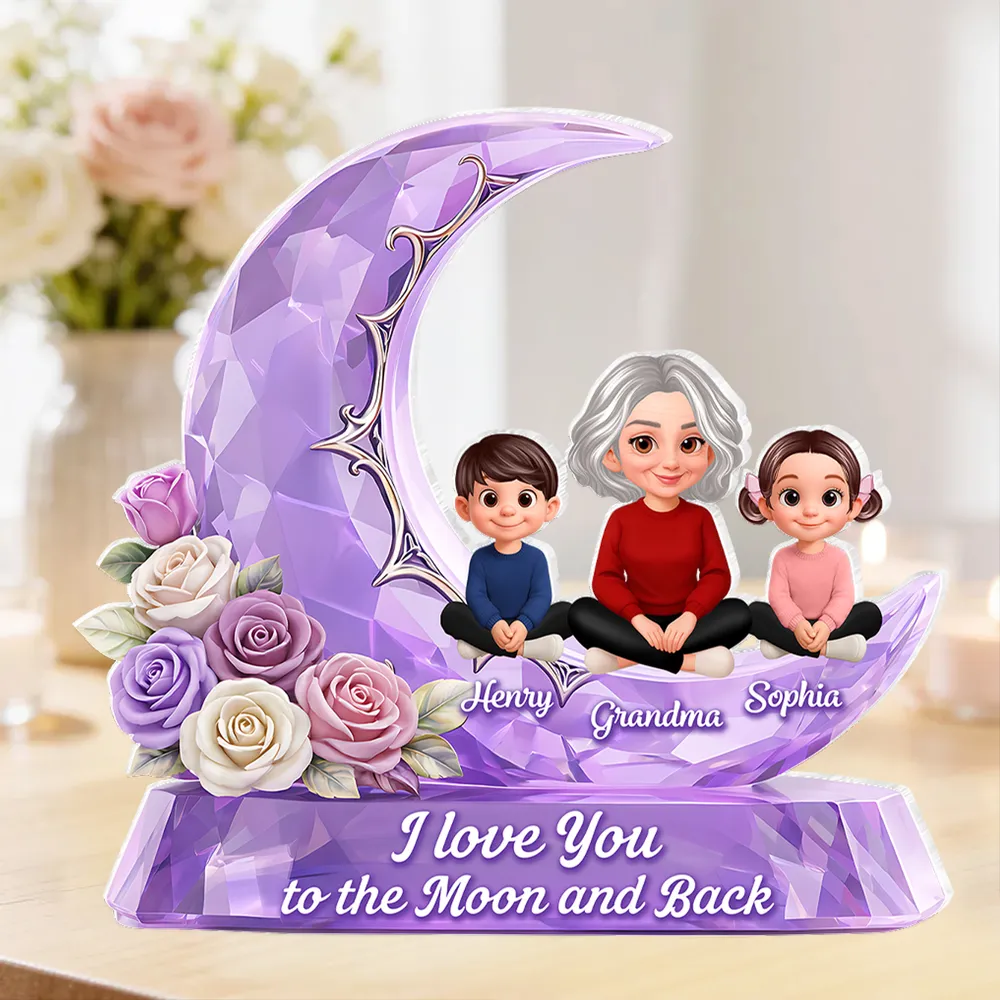 Personalized Shaped Acrylic Block Plaque with Grandma and Grandkids on a Purple Moon, Unique Gift for Grandma, I Love You to the Moon and Back - Image 8