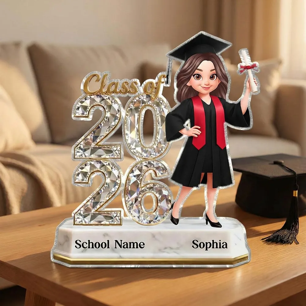 Shaped Acrylic Block Plaque Graduation Decor, Cute Cartoon Grad Holding Diploma, Personalized Keepsake Gift for Her - Image 2