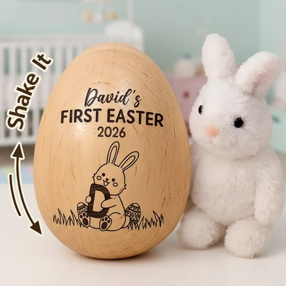Personalized Wooden Egg Shaker for Baby's First Easter, Bunny Music Design, Unique Keepsake Gift for New Parents