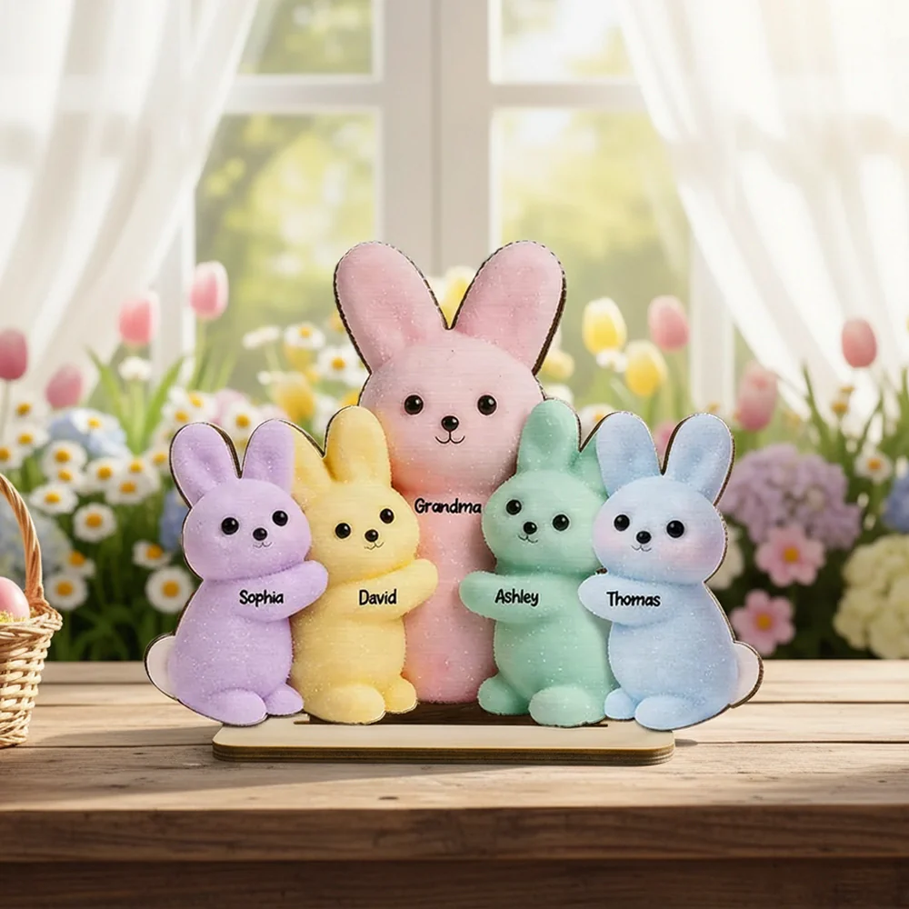 Personalized 2-Layer Wooden Plaque with Grandma & Grandkids Bunnies, Pastel Easter Table Decor, Unique Gift for Grandma