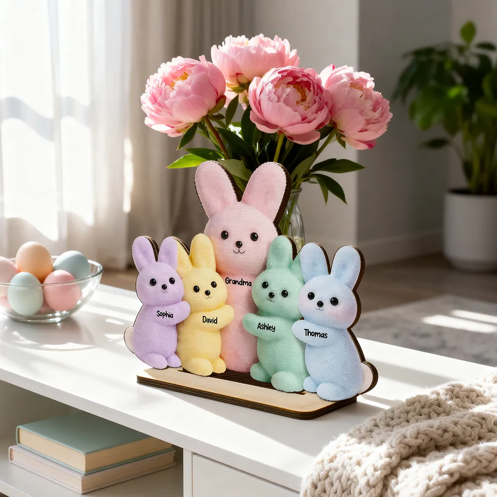 Personalized 2-Layer Wooden Plaque with Grandma & Grandkids Bunnies, Pastel Easter Table Decor, Unique Gift for Grandma - Image 4
