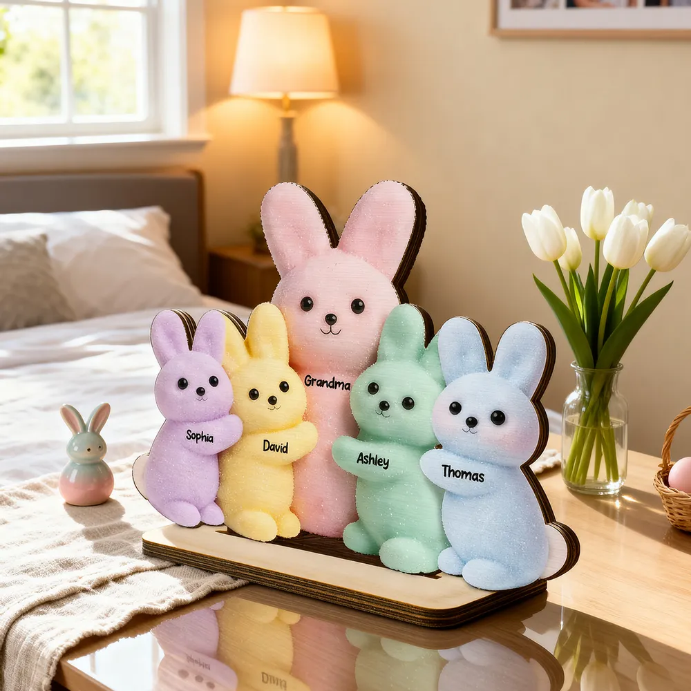 Personalized 2-Layer Wooden Plaque with Grandma & Grandkids Bunnies, Pastel Easter Table Decor, Unique Gift for Grandma - Image 5