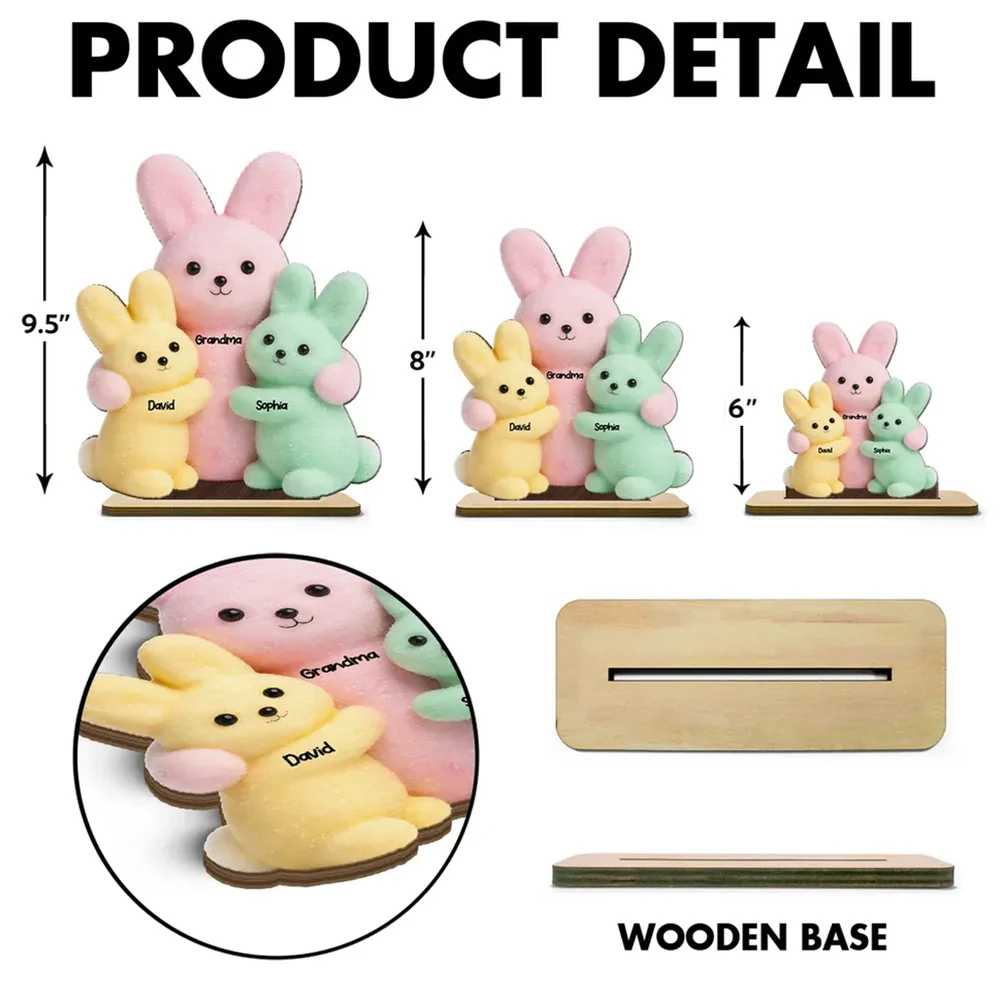 Personalized 2-Layer Wooden Plaque with Grandma & Grandkids Bunnies, Pastel Easter Table Decor, Unique Gift for Grandma - Image 6