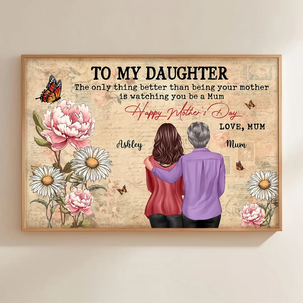 Personalized Mother's Day Floral Poster, Mom and Daughter Hugging Back View, Vintage Look, Unique Gift for Mom