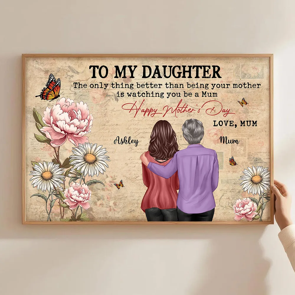 Personalized Mother's Day Floral Poster, Mom and Daughter Hugging Back View, Vintage Look, Unique Gift for Mom - Image 2