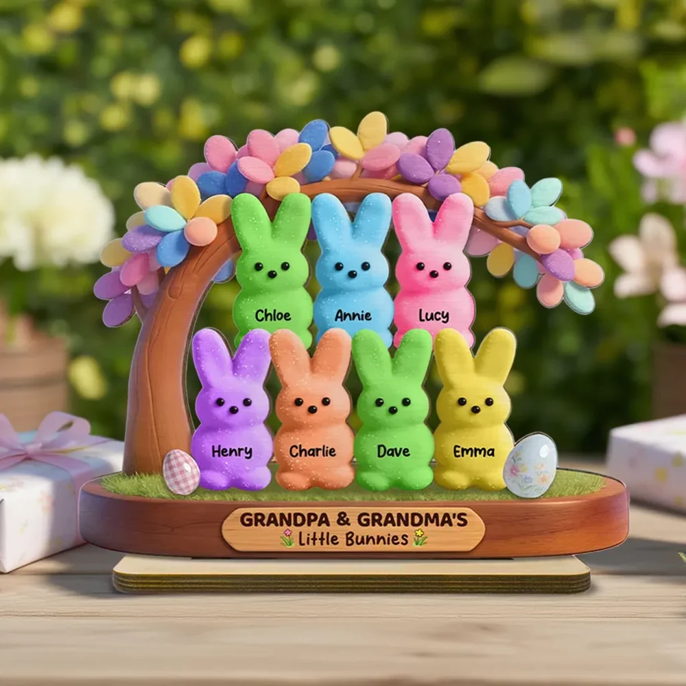 Personalized 2-Layer Wooden Plaque for Grandpa & Grandma, Cute Bunny Family Under Flower Tree, Unique Gift
