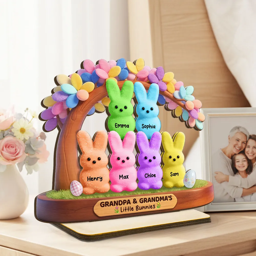 Personalized 2-Layer Wooden Plaque for Grandpa & Grandma, Cute Bunny Family Under Flower Tree, Unique Gift - Image 3