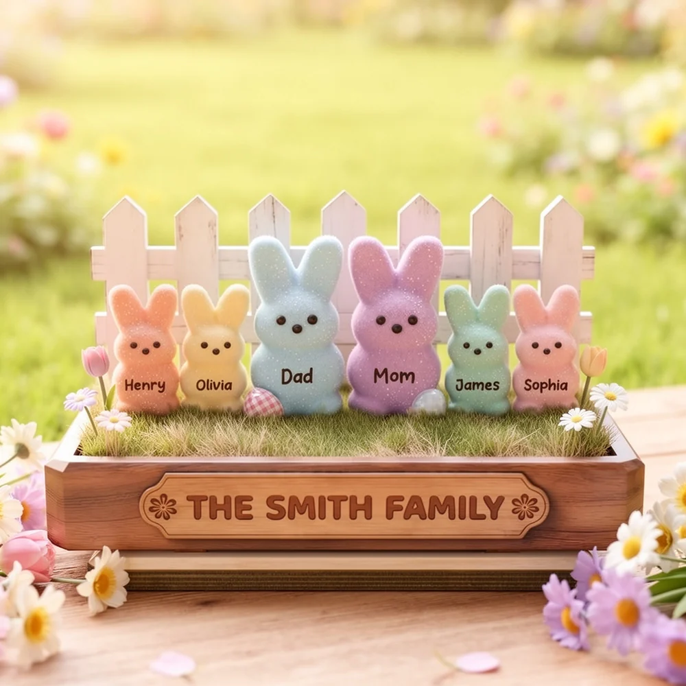 Personalized Easter Bunny Family 2-Layer Wooden Plaque, Pastel Spring Shelf Decor, Unique Gift For Family