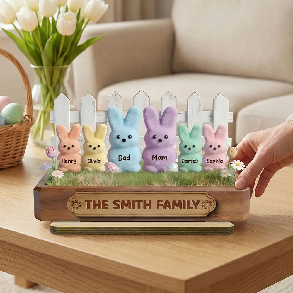 Personalized Easter Bunny Family 2-Layer Wooden Plaque, Pastel Spring Shelf Decor, Unique Gift For Family - Image 2