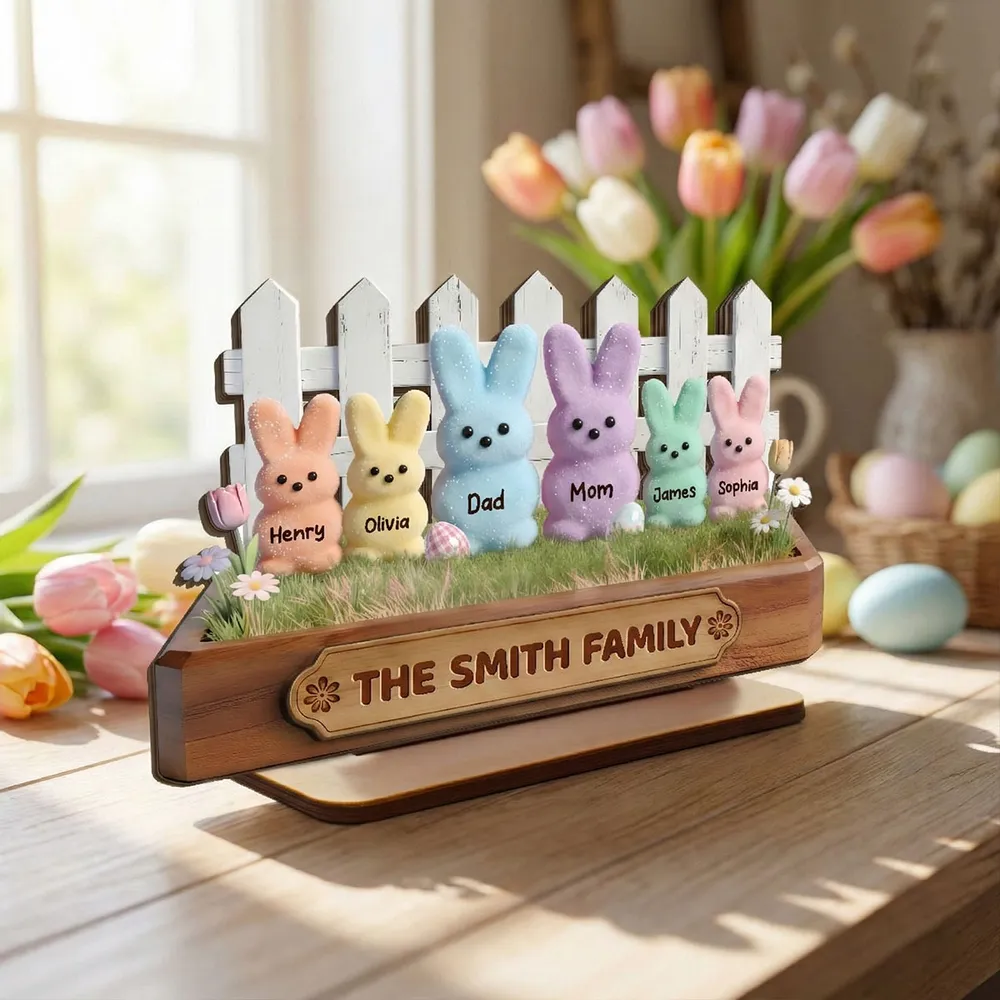 Personalized Easter Bunny Family 2-Layer Wooden Plaque, Pastel Spring Shelf Decor, Unique Gift For Family - Image 3