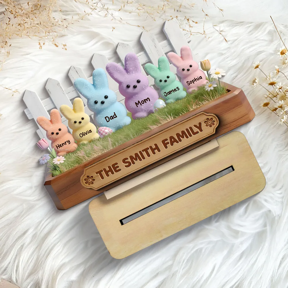Personalized Easter Bunny Family 2-Layer Wooden Plaque, Pastel Spring Shelf Decor, Unique Gift For Family - Image 5