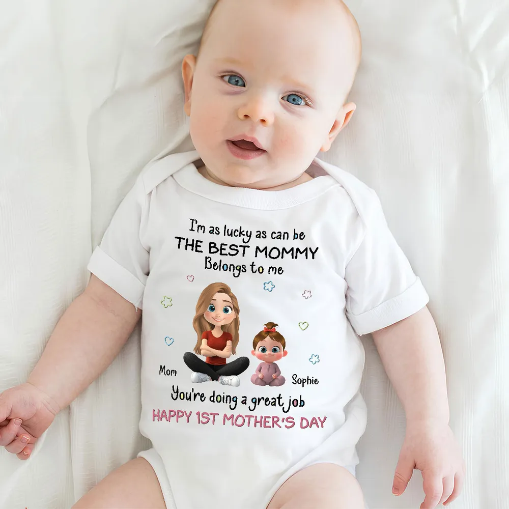 Personalized Short Sleeve Baby Onesie with Cute Mom & Baby Cartoon, First Mother's Day Gift, Photo-Ready Keepsake - Image 3