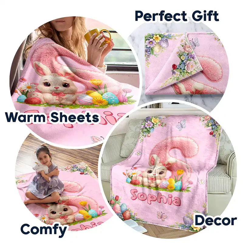 Personalized Bunny Alphabet Fleece Blanket with Floral Easter Eggs - Unique Baby Shower Gift, Sweet Nursery Cozy - Image 4