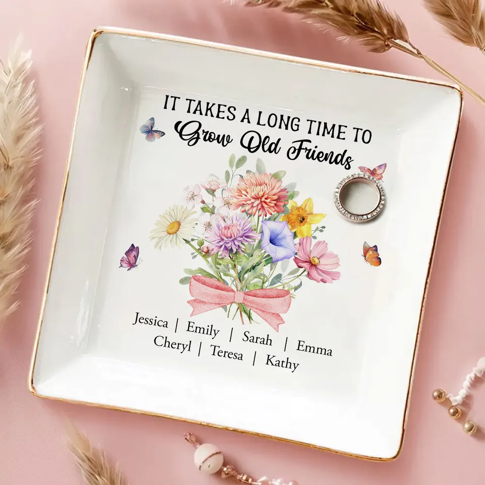 Personalized Friendship Jewelry Dish, Old Friends Floral Quote Vanity Decor, Unique Gift for Best Friend - Image 2