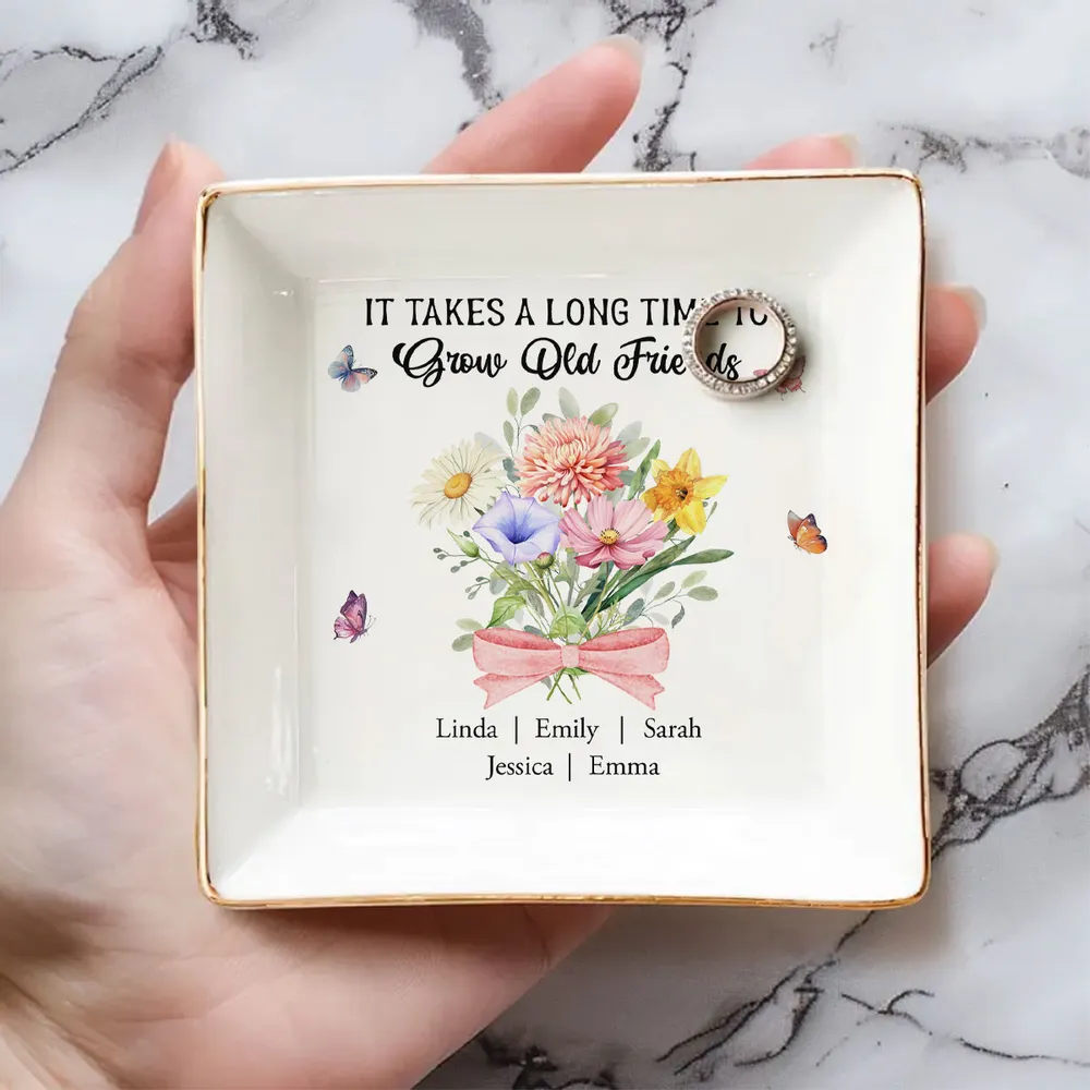 Personalized Friendship Jewelry Dish, Old Friends Floral Quote Vanity Decor, Unique Gift for Best Friend - Image 3