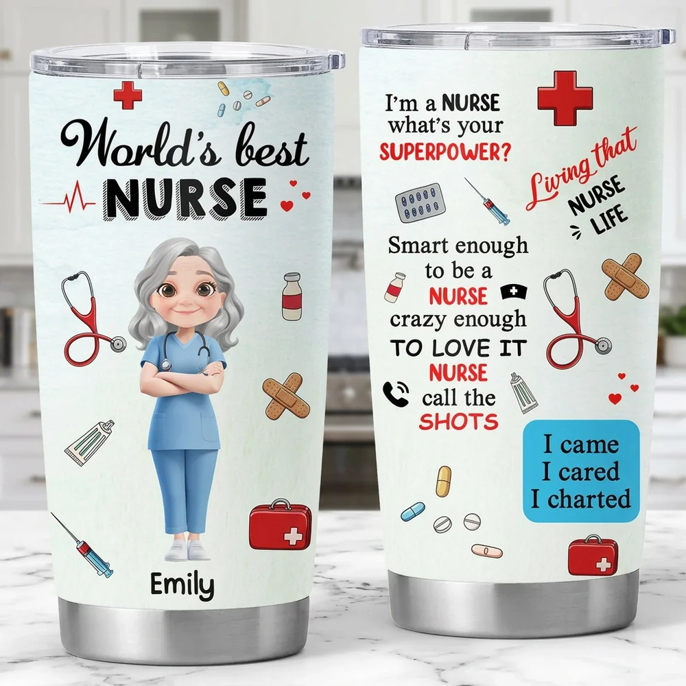 Personalized Insulated Travel Tumbler for Nurses - World's Best Nurse Cute Cartoon Design, Unique Gift for Her
