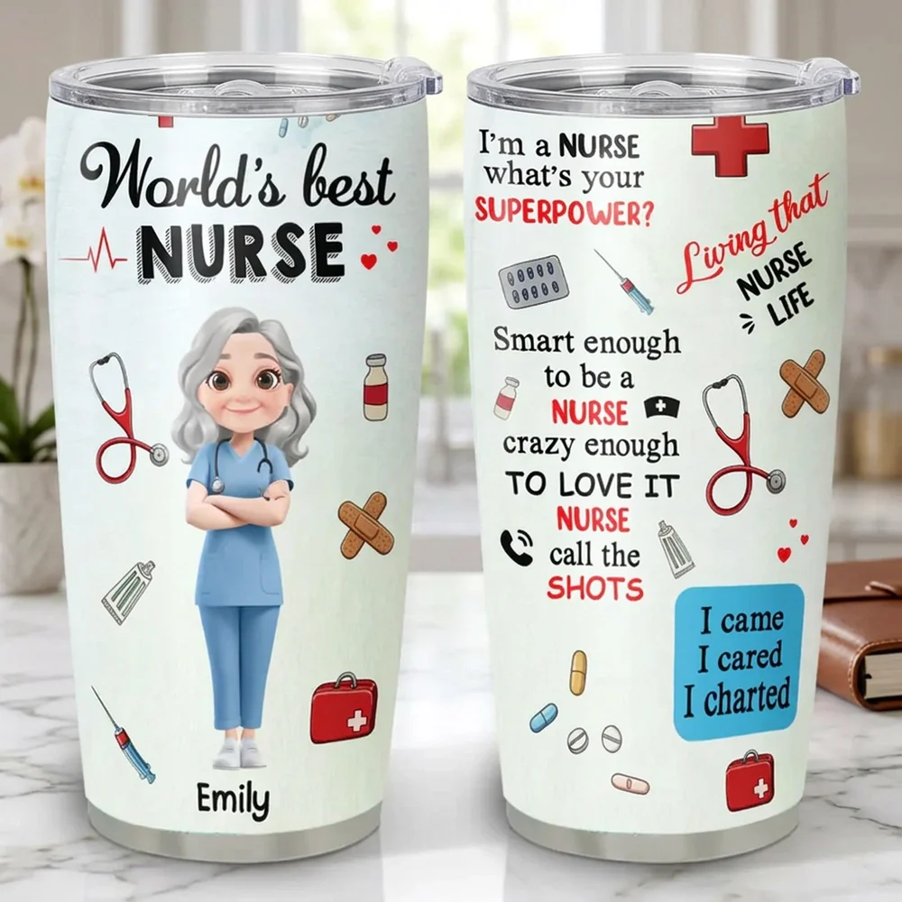 Personalized Insulated Travel Tumbler for Nurses - World's Best Nurse Cute Cartoon Design, Unique Gift for Her - Image 4