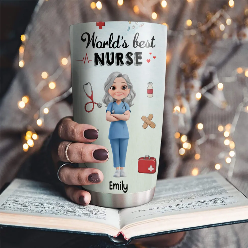 Personalized Insulated Travel Tumbler for Nurses - World's Best Nurse Cute Cartoon Design, Unique Gift for Her - Image 5