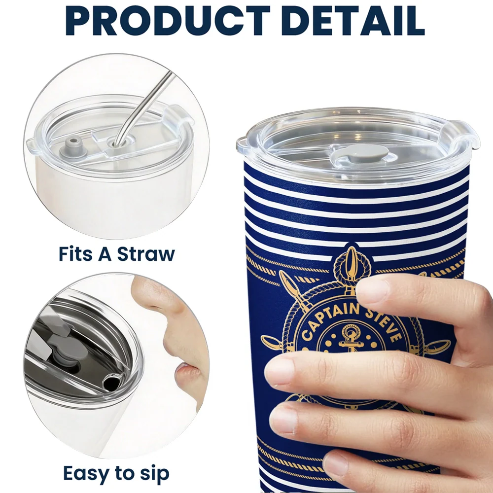 Insulated Travel Tumbler with Custom Captain Name, Navy Stripes Anchor Wheel, Thoughtful Gift for Boat Lovers - Image 4