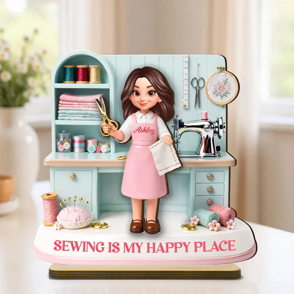 Personalized 2-Layer Wooden Plaque Sewing Is My Happy Place Cute Cartoon Sewing Room Scene, Unique Gift for Mom or Grandma - Image 2