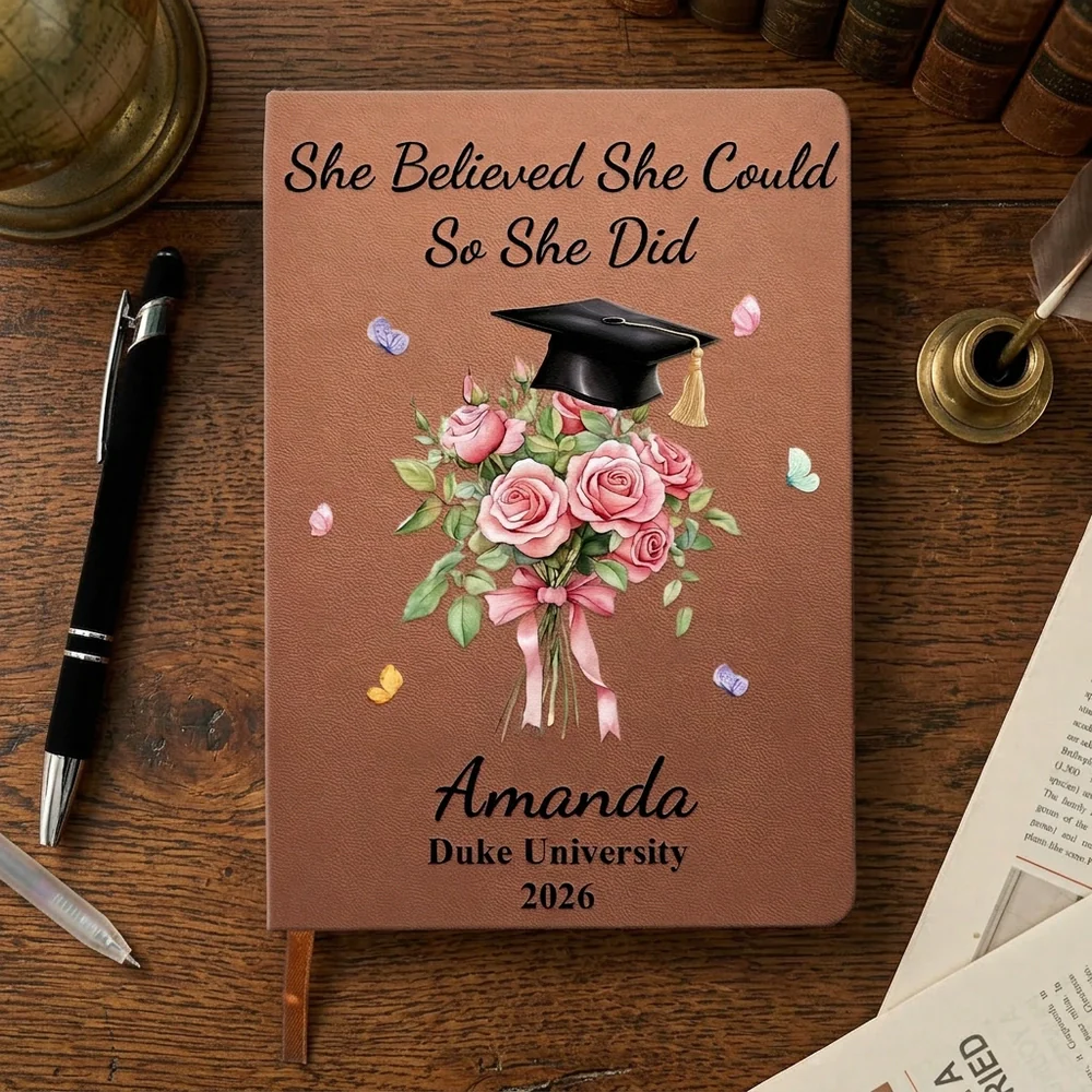 Floral Bouquet and Grad Cap Leather Journal, Personalized Keepsake Notebook, Encouraging Gift for Graduate