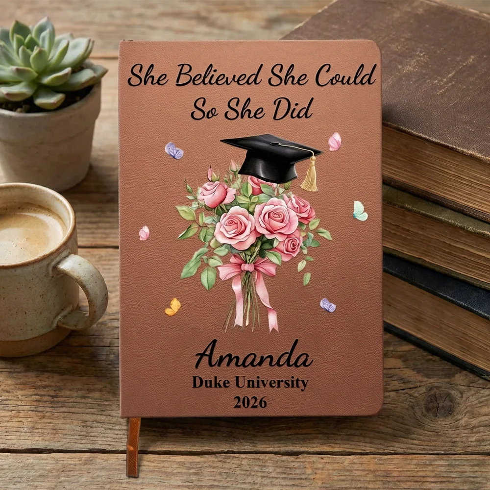 Floral Bouquet and Grad Cap Leather Journal, Personalized Keepsake Notebook, Encouraging Gift for Graduate - Image 2