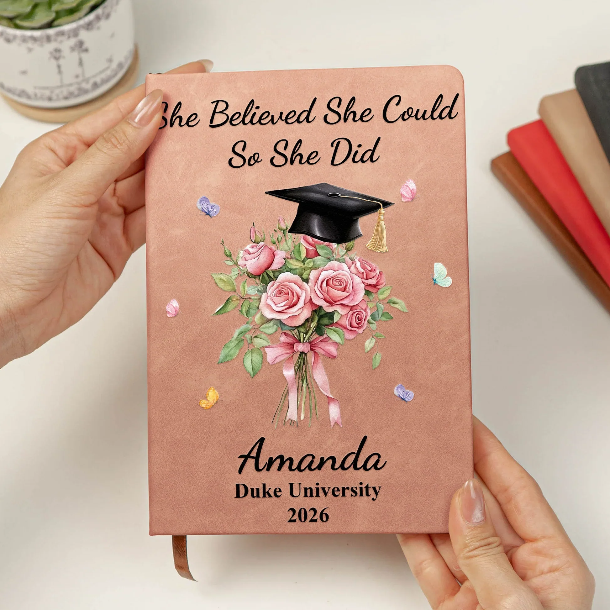 Floral Bouquet and Grad Cap Leather Journal, Personalized Keepsake Notebook, Encouraging Gift for Graduate - Image 3