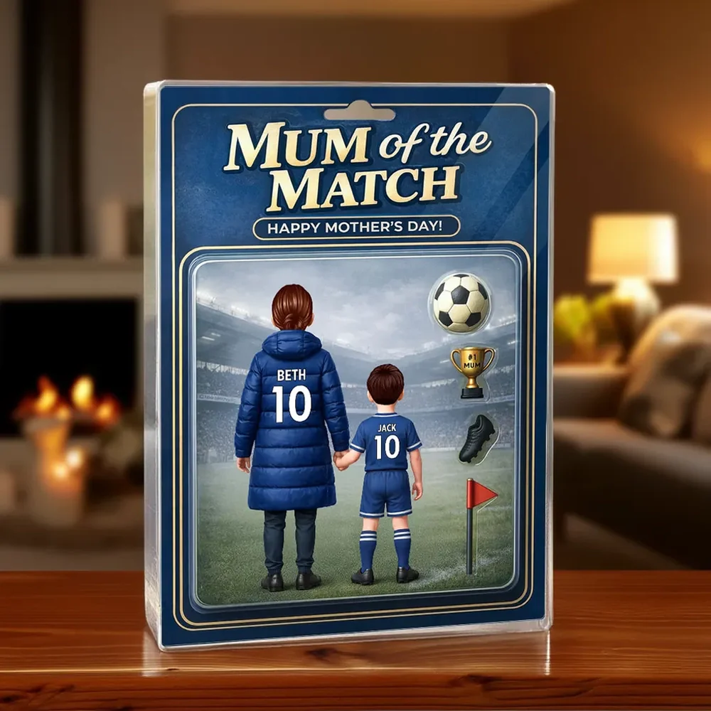 Personalized Rectangle Acrylic Block Plaque Mum of the Match Soccer Mom and Kid Holding Hands Stadium Scene Unique Mother's Day Gift