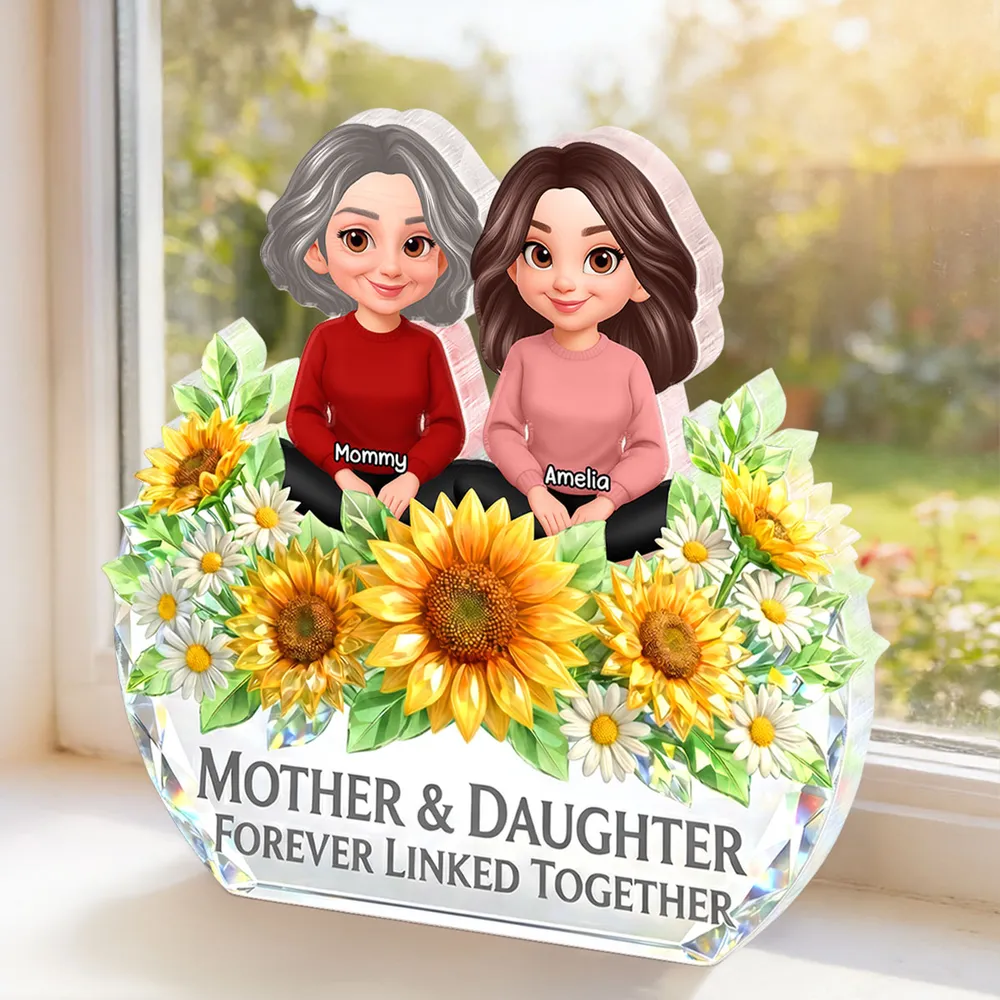 Personalized Shaped Acrylic Block Plaque, Mother & Daughter Forever Linked Together Sunflower Decor, Unique Gift for Mom - Image 3