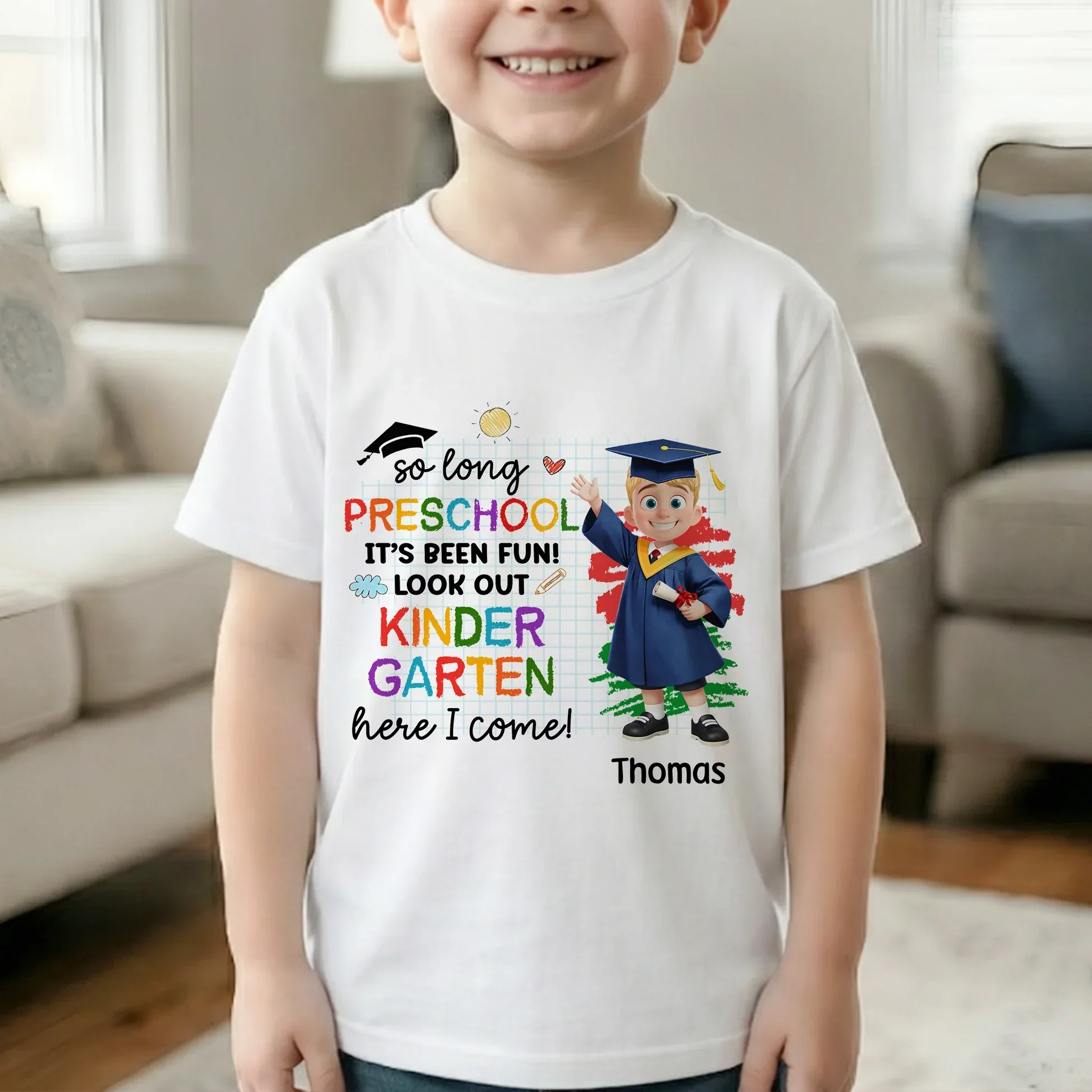 Personalized Preschool Graduation Classic Tee with Cute Cap and Diploma, Kindergarten Here I Come, Unique Gift for Kids - Image 2