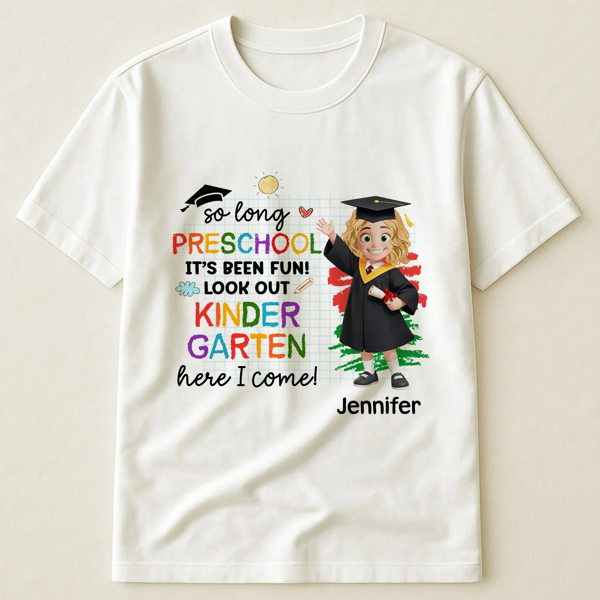 Personalized Preschool Graduation Classic Tee with Cute Cap and Diploma, Kindergarten Here I Come, Unique Gift for Kids - Image 3