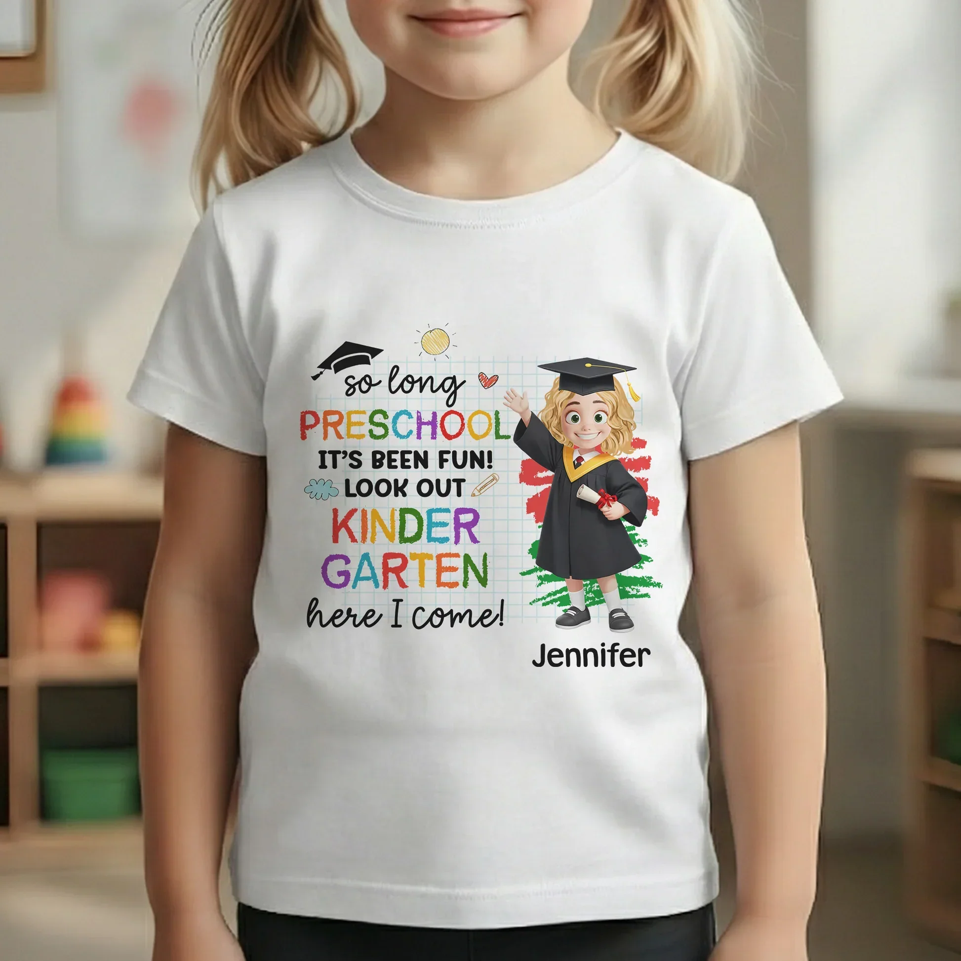 Personalized Preschool Graduation Classic Tee with Cute Cap and Diploma, Kindergarten Here I Come, Unique Gift for Kids - Image 6