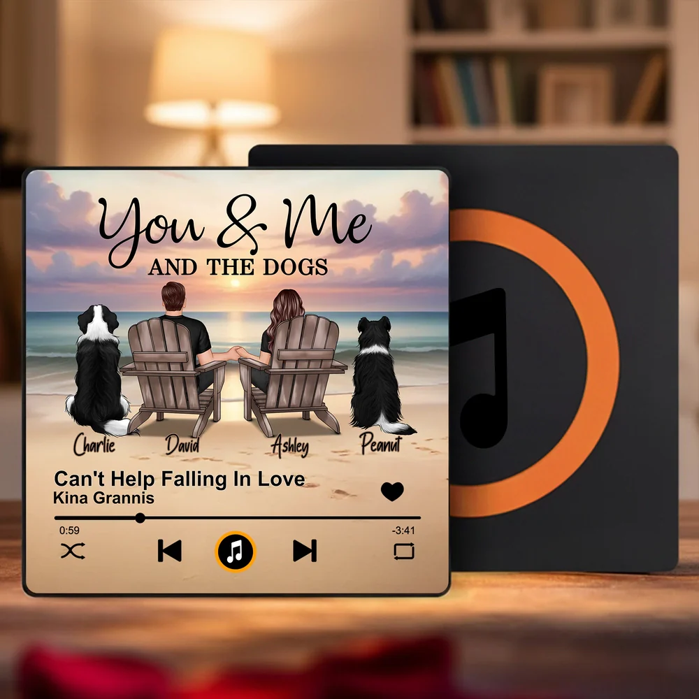 Personalized Acrylic Music Magnet Sunset Beach Couple With Dogs Fridge Decor Unique Gift for Couples & Dog Lovers