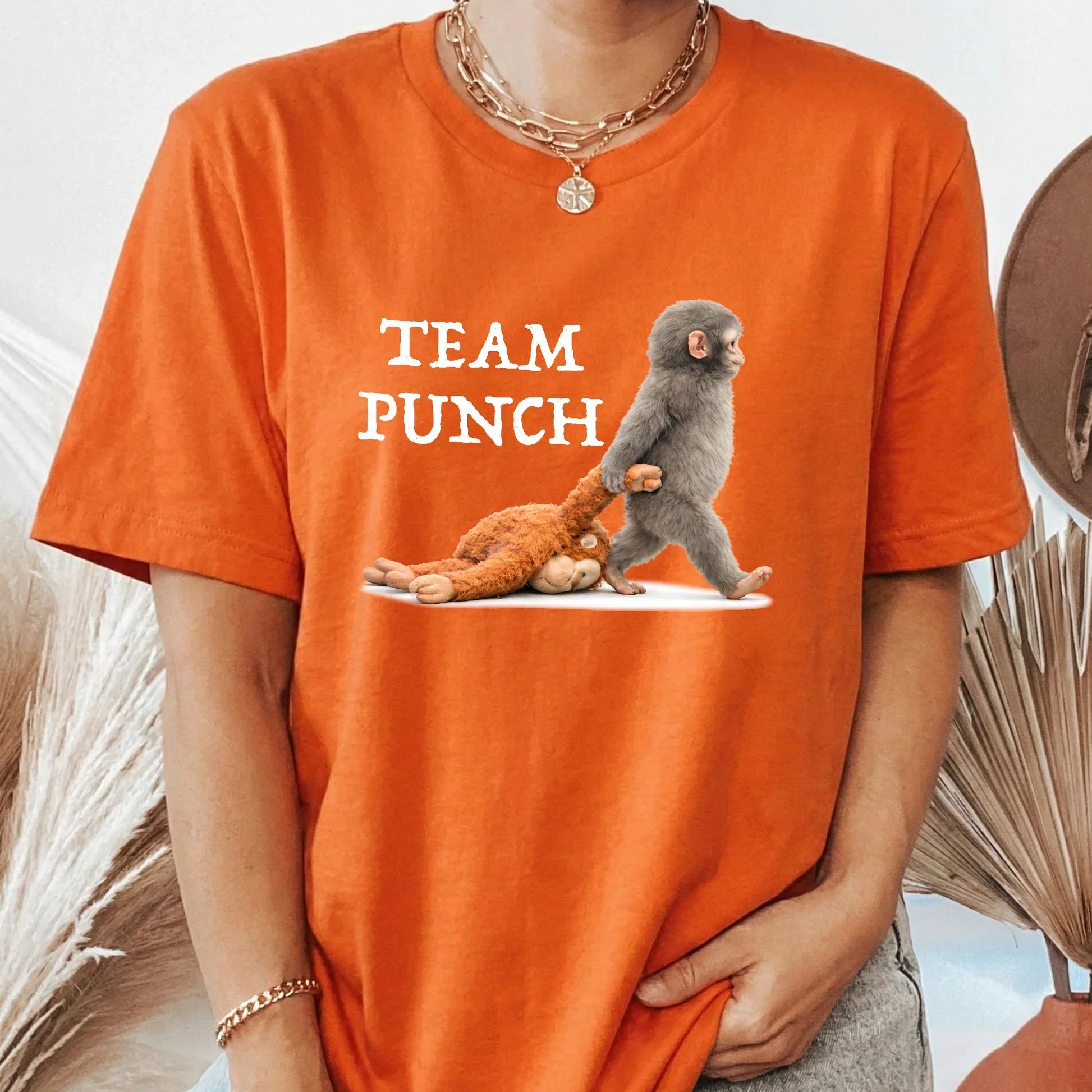 Team Punch Classic Tee Funny Baby Monkey Dragging Plush Shirt - Unique Creative Gift for Animal Lovers - Image 2