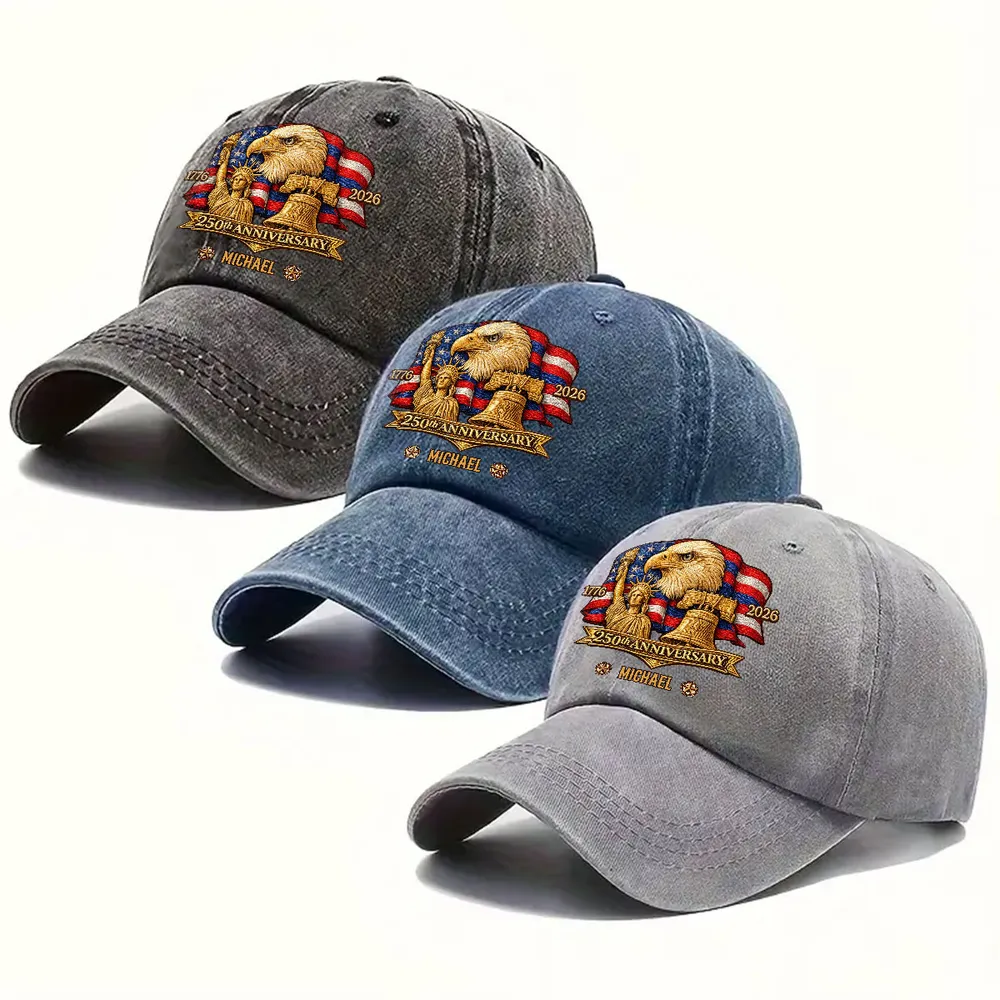 Personalized Washed Denim Baseball Cap with Patriotic Eagle Flag 250th Anniversary Design - Unique Gift for History Lovers - Image 6