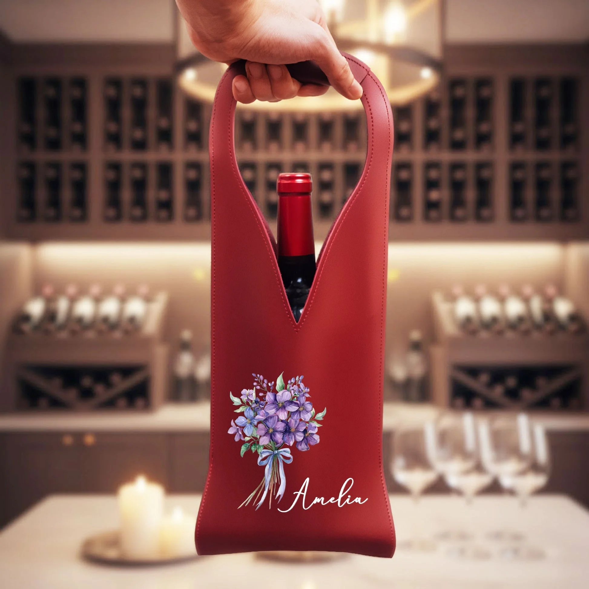 Custom Floral Name PU Leather Wine Bag, Stylish Wine Bottle Holder for Girls Night or Housewarming, Unique Gift - Image 5