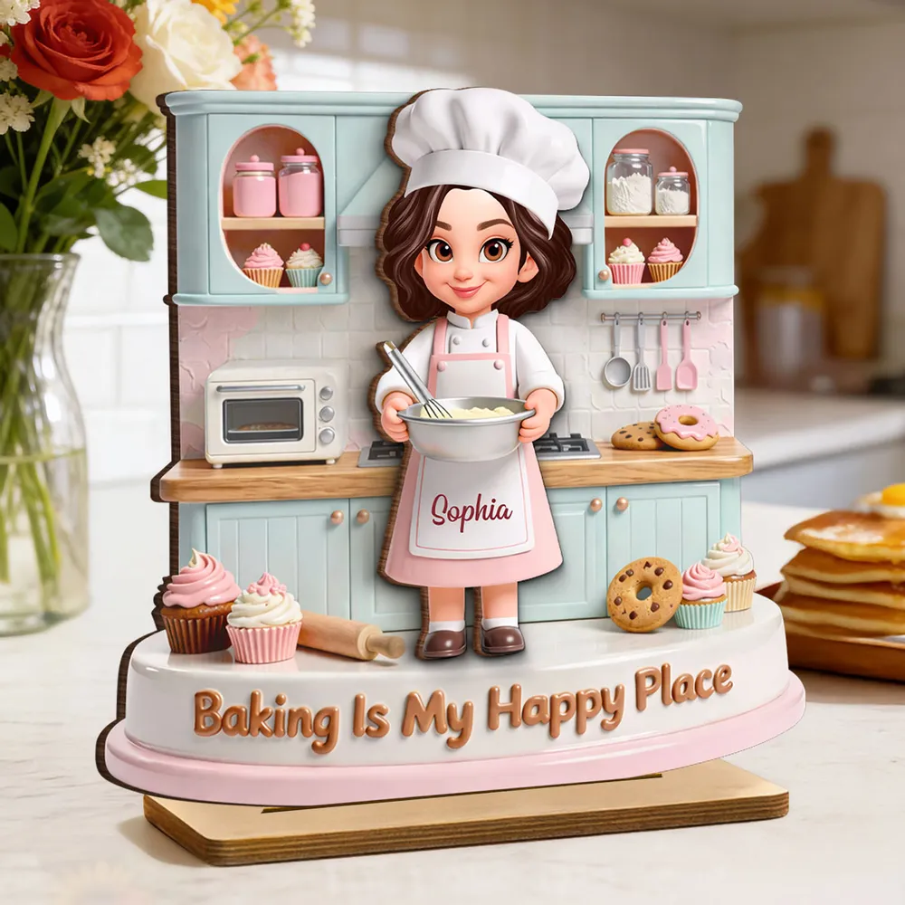 Personalized 2-Layer Wooden Plaque, Baking Is My Happy Place Cute Chef in Pastel Kitchen, Unique Gift for Mom or Grandma - Image 2