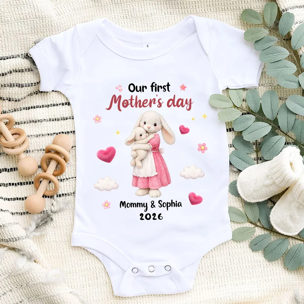Personalized Mother's Day Short Sleeve Baby Onesie with Bunny Mom & Baby, Sweet First Mother's Day Unique Gift - Image 5
