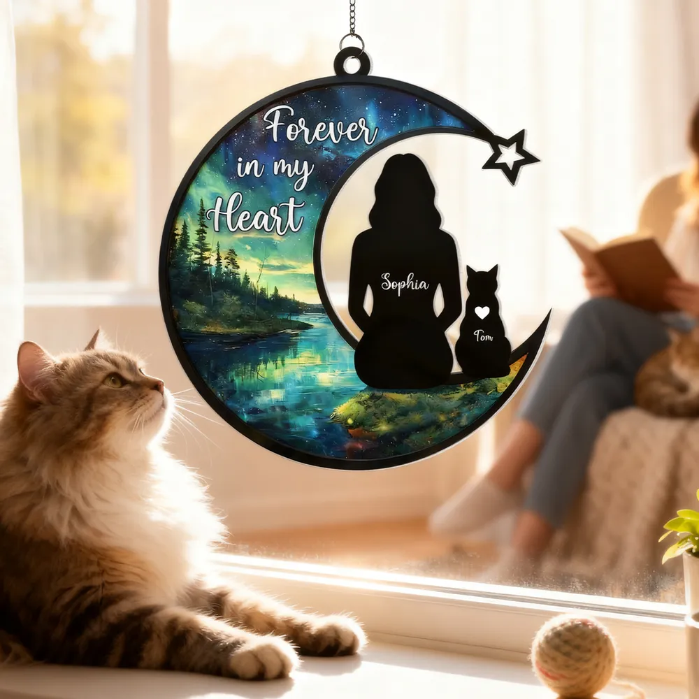 Personalized Acrylic Suncatcher Ornament Cat Memorial Silhouette in Starry Lake Scene - Unique Gift for Cat Lovers - Image 2