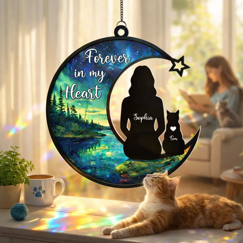 Personalized Acrylic Suncatcher Ornament Cat Memorial Silhouette in Starry Lake Scene - Unique Gift for Cat Lovers - Image 4