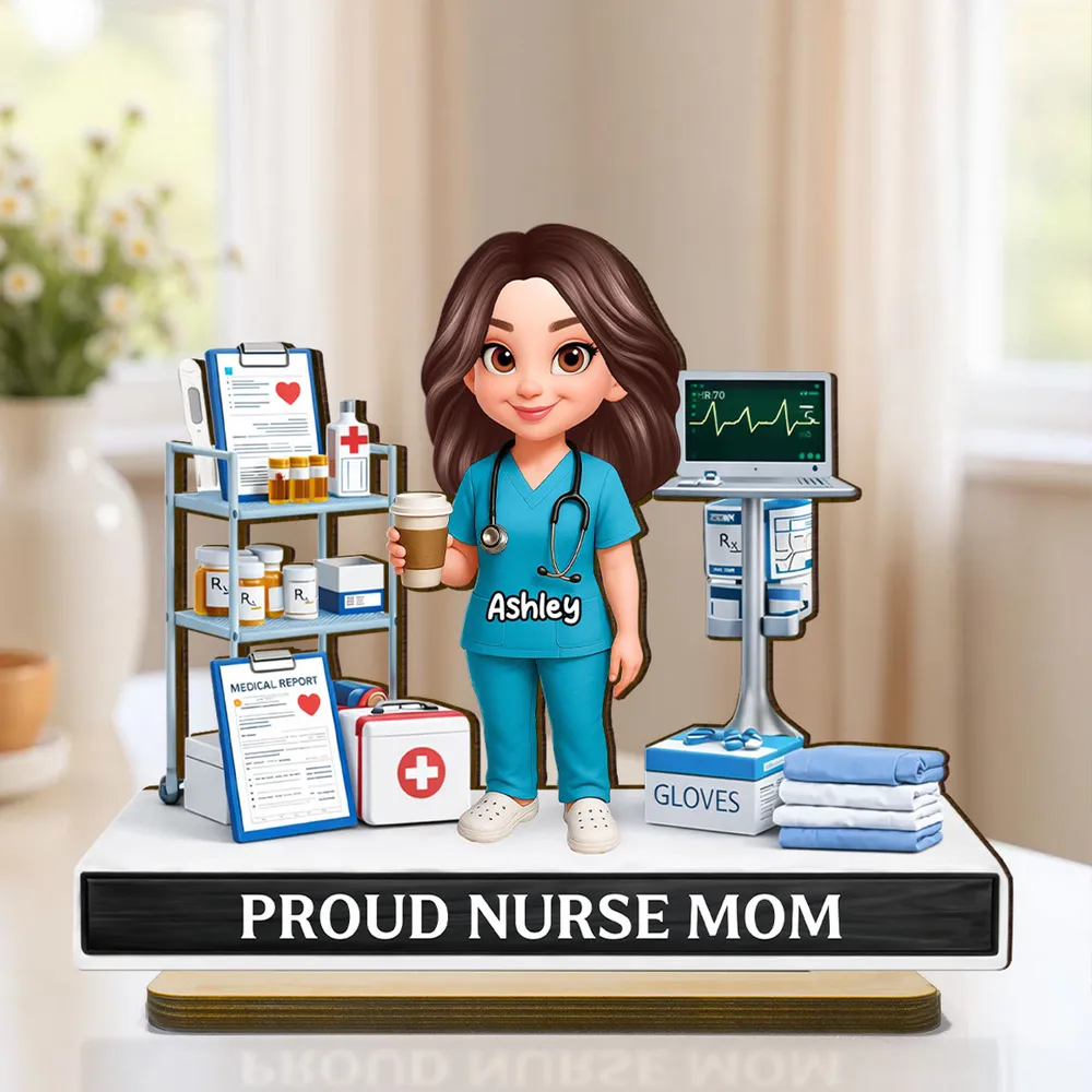 Personalized Proud Nurse Mom 2-Layer Wooden Plaque, Cartoon Nurse in Hospital Scene, Unique Gift for Mom - Image 2