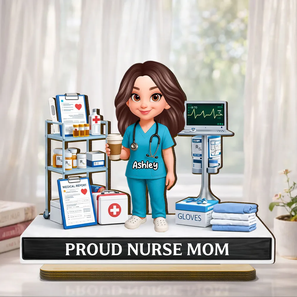 Personalized Proud Nurse Mom 2-Layer Wooden Plaque, Cartoon Nurse in Hospital Scene, Unique Gift for Mom - Image 3