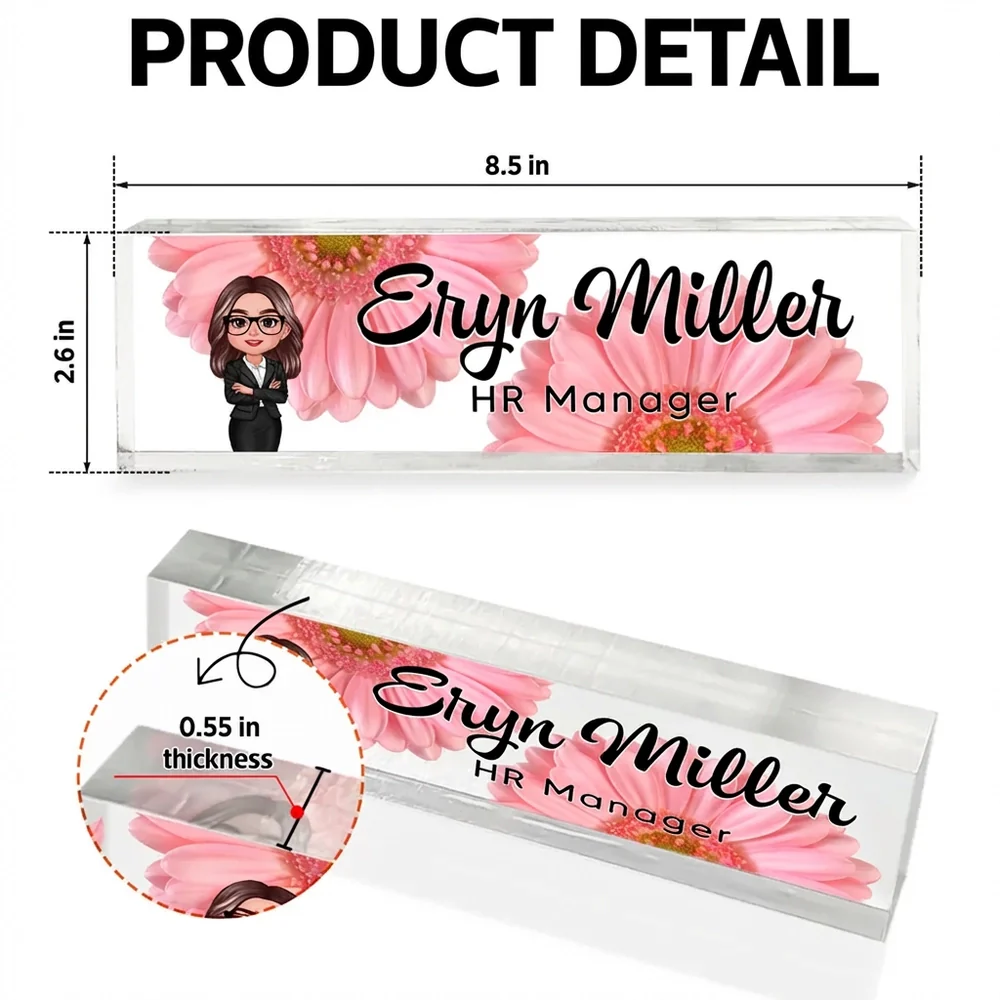 Personalized Rectangle Acrylic Block Plaque with Daisy Office Character, Unique Desk Decor Gift for Coworker or Boss - Image 8