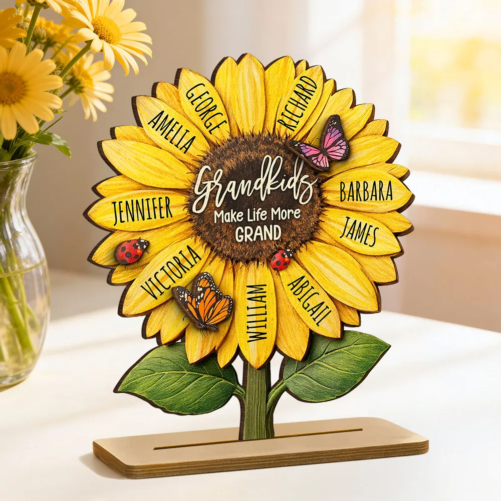 Personalized Sunflower 2-Layer Wooden Plaque for Grandma, Grandkids Make Life More Grand, Unique Gift for Her