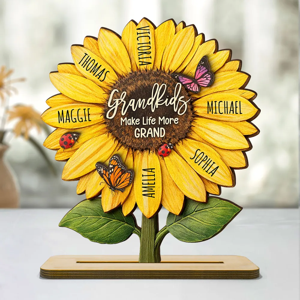Personalized Sunflower 2-Layer Wooden Plaque for Grandma, Grandkids Make Life More Grand, Unique Gift for Her - Image 2