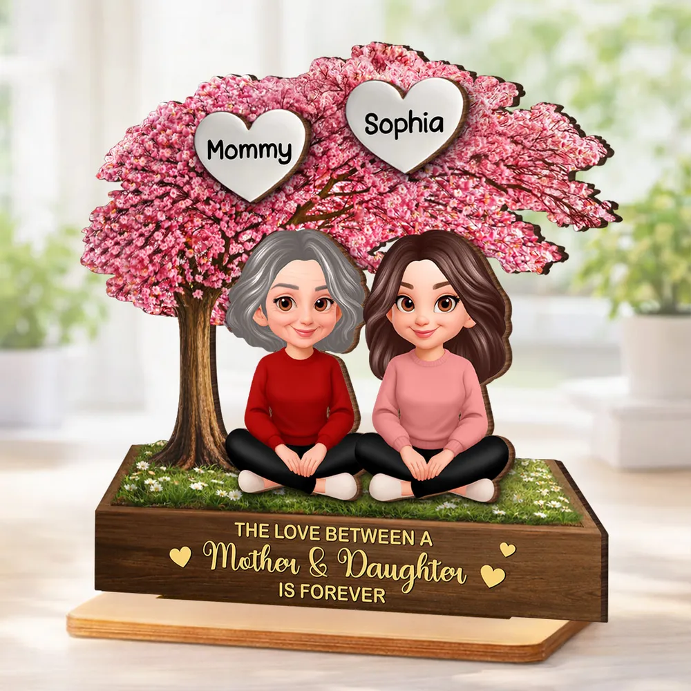 Personalized 2-Layer Wooden Plaque Mother & Daughter Under Pink Blossom Tree, Heartfelt Unique Gift for Mom
