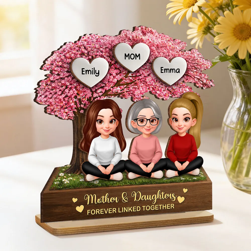 Personalized 2-Layer Wooden Plaque Mother & Daughter Under Pink Blossom Tree, Heartfelt Unique Gift for Mom - Image 2