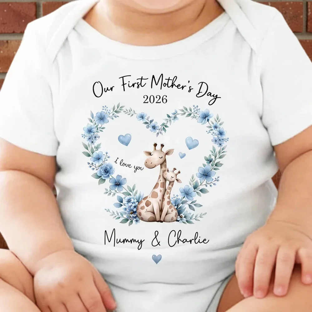 Short Sleeve Baby Onesie Personalized for First Mother's Day, Blue Floral Giraffe Mom and Baby, Sweet Photo-Ready Gift