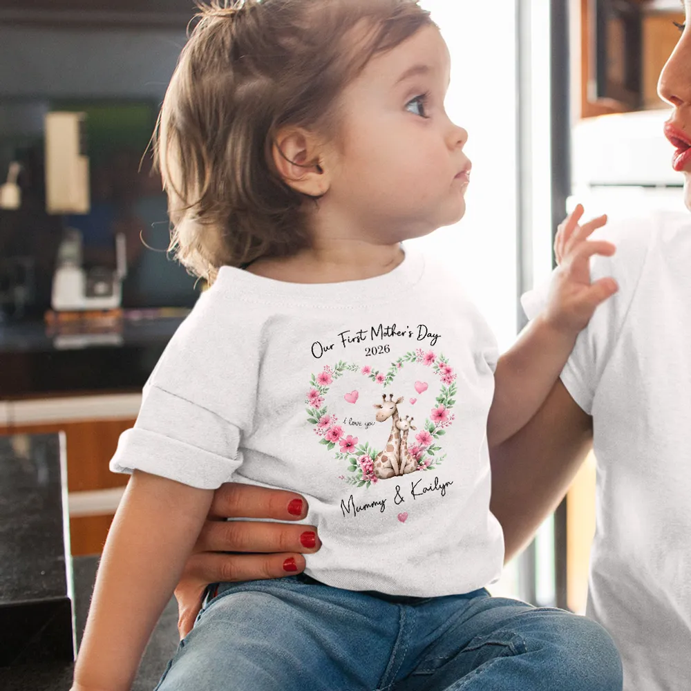 Short Sleeve Baby Onesie Personalized for First Mother's Day, Blue Floral Giraffe Mom and Baby, Sweet Photo-Ready Gift - Image 6